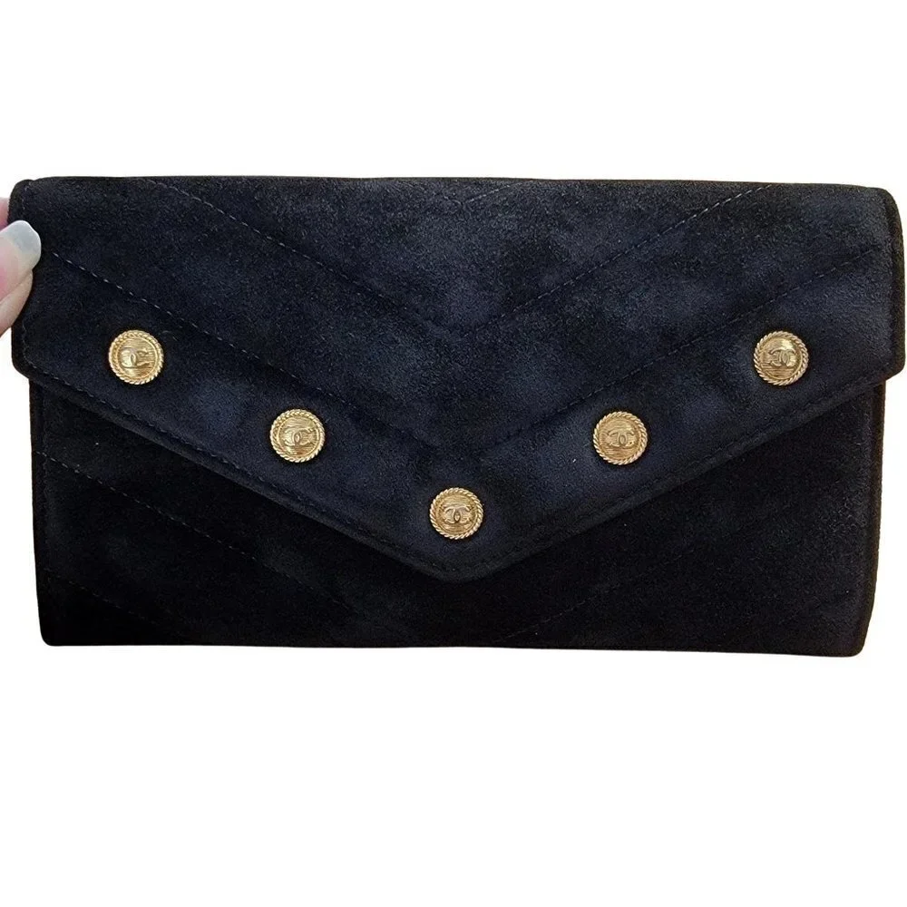 Authentic Chanel Paris-Hamburg CC Button Flap Wallet Chevron Suede Long